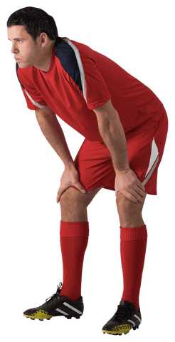 Tired football player in red uniform with transparent background