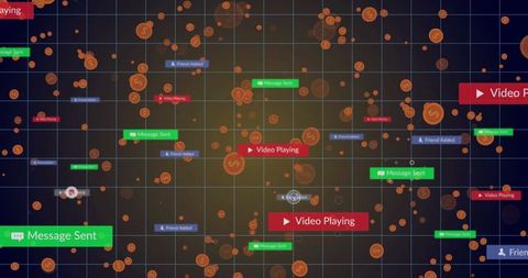 Digital data flow in virtual interface with colorful icons and labels