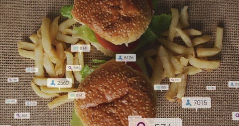 Topdown seeded burger duo with fries and digital overlay for food social metrics