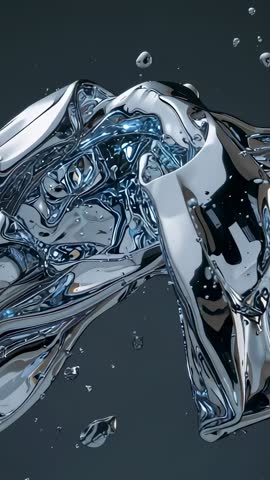 Vertical chrome liquid sculpture morphing with blue core and floating metallic droplets