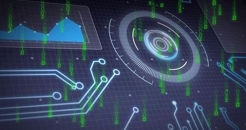 Futuristic Holographic HUD Display Showing Concentric Radar, Neon Circuits and Binary Data