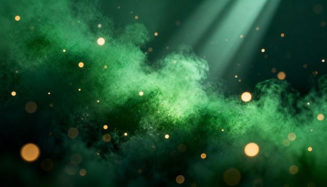 Emerald fog with golden dust, spotlight shafts and bokeh sparkle abstract background