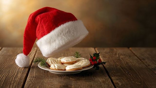 Santa hat hovering over plate of iced sugar cookies on rustic wood evoking holiday cheer