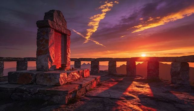 Sunset-lit stone stele on mountain summit balustrade with dramatic purple and orange sky