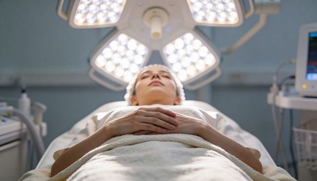 Patient lying on gurney wearing surgical cap under LED operating light in hospital operating room