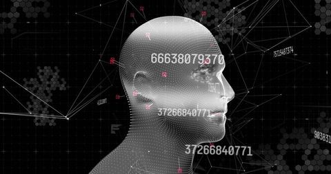 Futuristic Dot-Mesh Human Profile with Data, AI Biometrics and 3D Network Visualization