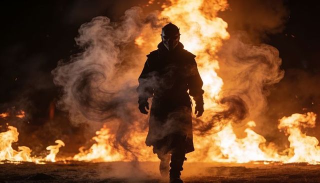 Masked vigilante walking through inferno of flames and rising smoke