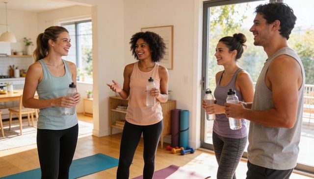 Friends chatting after home yoga holding reusable water bottles in sunlit living room