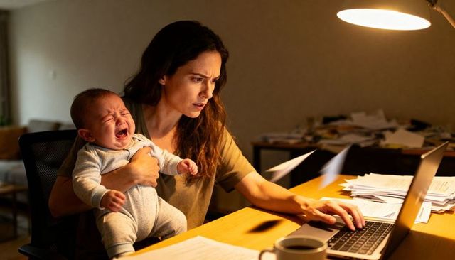 Overwhelmed mother juggling crying baby while working late on laptop in cluttered home office