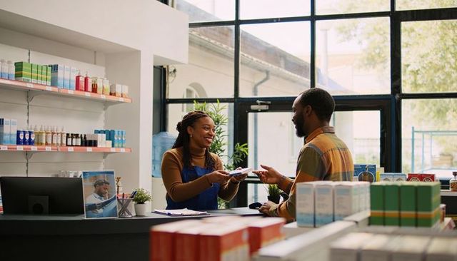 Friendly pharmacy cashier handing receipt to customer at bright modern retail counter