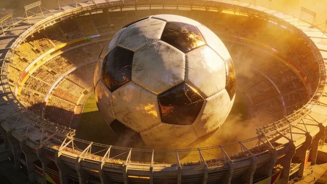 Colossal soccer ball dominating stadium while golden sunlight reflects on leather panels