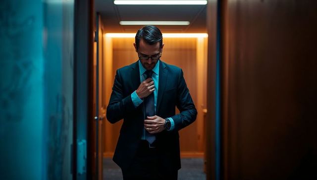 Executive adjusting tie in moody backlit corridor wearing tailored suit, watch and glasses