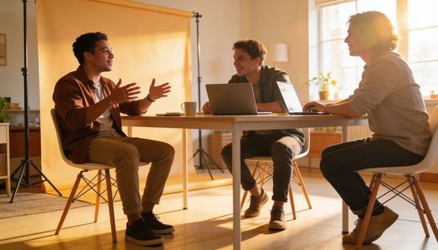 Young professionals brainstorming around laptop at sunlit wooden table in modern studio