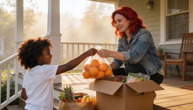 Red-haired caregiver handing bag of oranges to smiling child on porch at sunrise