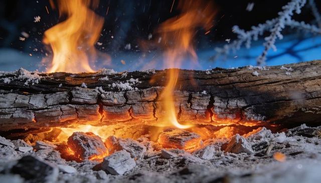 Smoldering charred log glowing embers casting orange flames over snowy forest floor at twilight