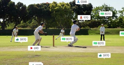 Cricketer batting on sunlit pitch with fielders and umpire, social media engagement overlays