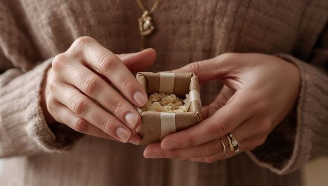 Hands opening paper-wrapped gift box filled with pale seeds, rings and pendant closeup