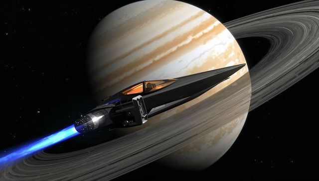 High-speed sleek black starfighter soaring past ringed gas giant with blue ion thruster plume