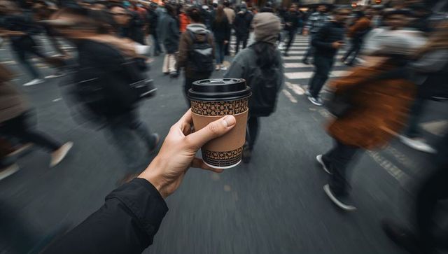 Hand holding coffee cup in busy urban crosswalk