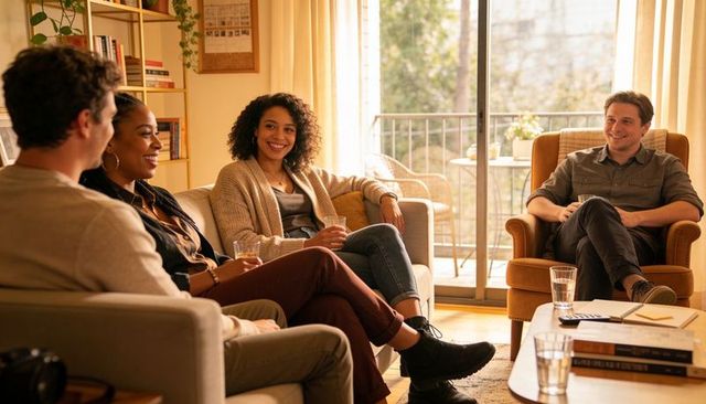 Friends sharing cozy living room conversation over drinks casual apartment gathering