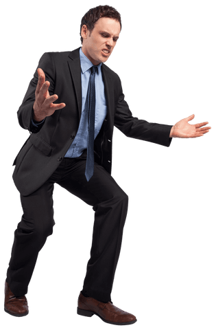 Businessman Expressing Frustration with Outstretched Arms in Transparent Background