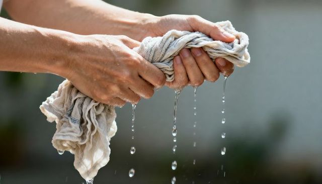 Hands wringing wet cloth squeezing water droplets sunlit closeup of cleaning motion