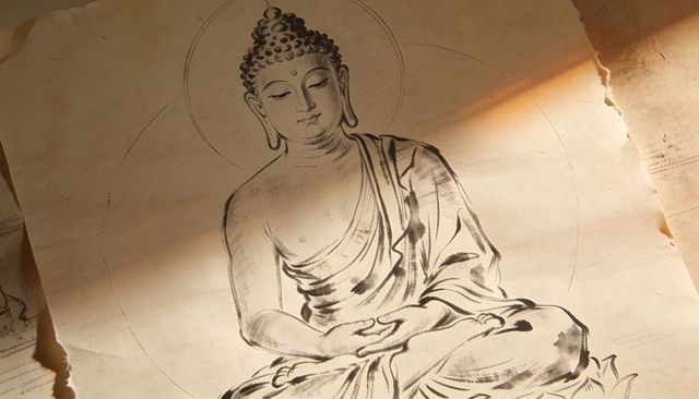 Seated buddha ink sketch on aged parchment with torn edges and warm sunlight