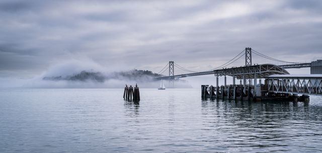 Foggy San Francisco Bay with Bridge and Island - Download Free Stock Images Pikwizard.com