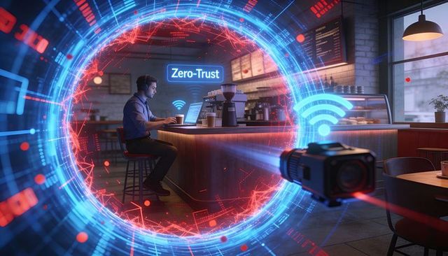 Zero-trust cybersecurity in public wifi: remote worker typing in cafe under surveillance