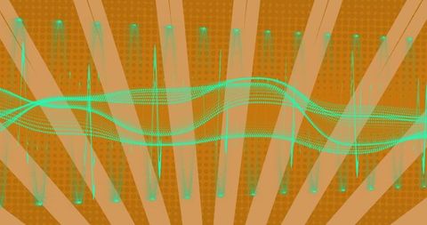Pulsing teal waveform flowing across retro sunburst halftone background for tech branding