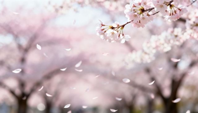 Pale pink cherry blossoms drifting over sunlit park walkway with falling petals and soft bokeh