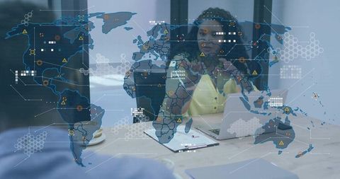 Female Professional Collaborating with Global Data Map Overlay, Analyzing Network Insights