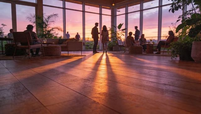Sunset lounge silhouettes standing and chatting on warm wooden floor with city view