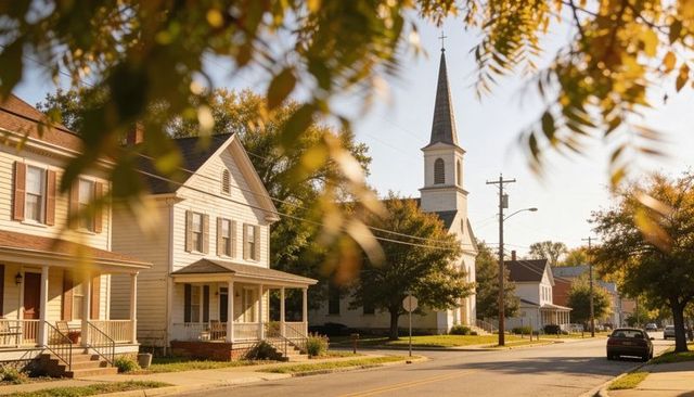 Small town autumn street showing church spire, tree-lined cozy porches, golden hour light
