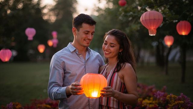 Couple holding glowing orange paper lantern at twilight in romantic garden gathering