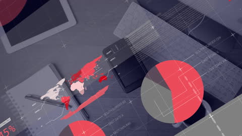 Global Business Data Over Desk with Office Items Animation