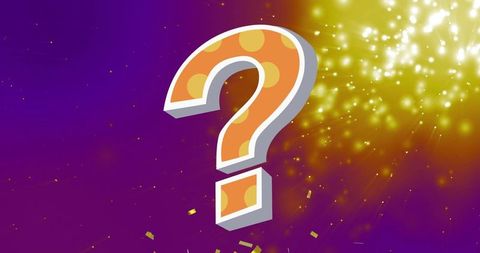 Colorful Question Mark with Confetti on Purple Background