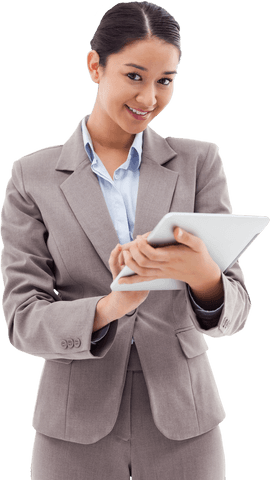 Transparent Portrait of Smiling Businesswoman Using Tablet