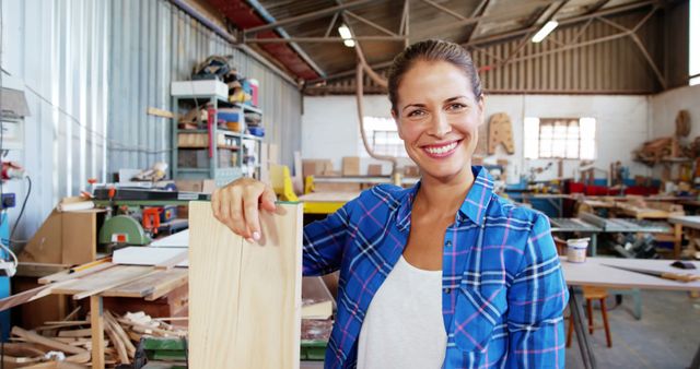 Smiling Female Carpenter Showing Off Her Craft - Download Free Stock Images Pikwizard.com