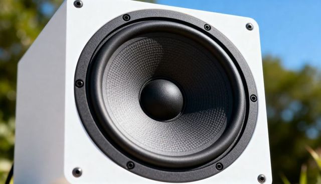 White speaker cabinet featuring woven woofer cone in sunlit garden for hi-fi audio