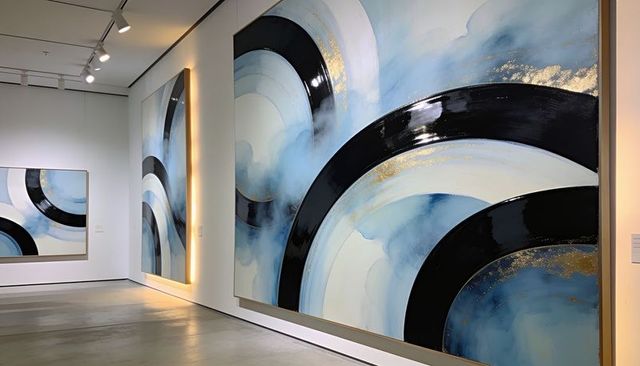 Giant abstract blue gold canvas with bold black arcs displayed in contemporary gallery