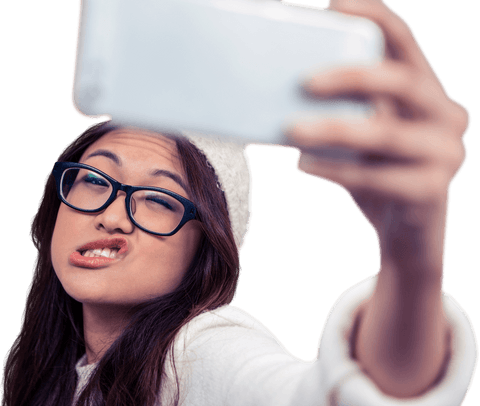 Playful Young Woman Taking Transparent Background Selfie