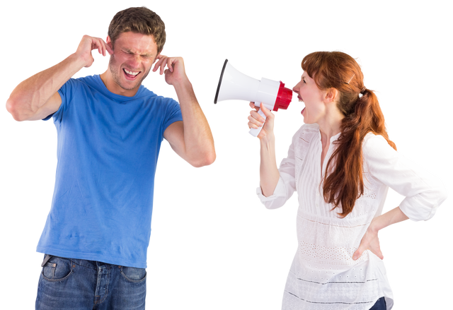 Woman Yelling with Megaphone Man Covering Ears Transparent - Download Free Stock Videos Pikwizard.com