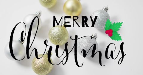 Festive Merry Christmas Card with Golden and Silver Ornaments