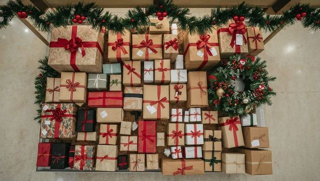 Overhead holiday gift stack with red ribbon bows and evergreen garland, festive wreath