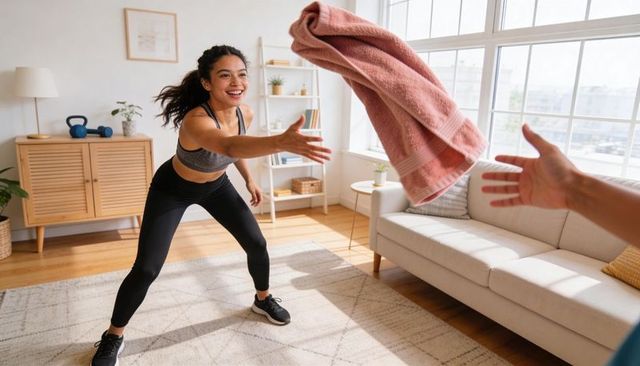 Energetic woman reaching and catching tossed pink towel during home workout session