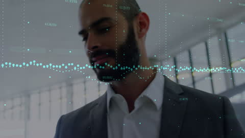 Businessman Analyzing Digital Financial Data with Abstract Overlay