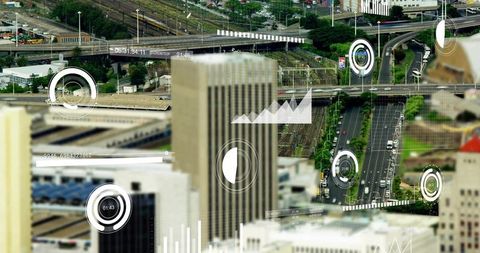 Smart city data overlay on aerial urban skyline with office tower and highway interchange