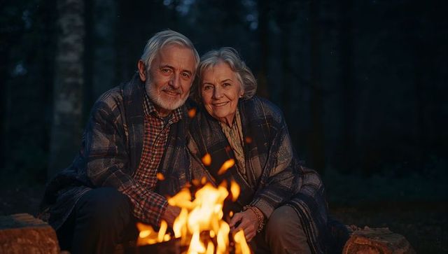 Senior couple sharing warm moment by campfire in forest at dusk wrapped in blankets