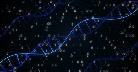 Twisting glowing dna helix with binary digits in digital space